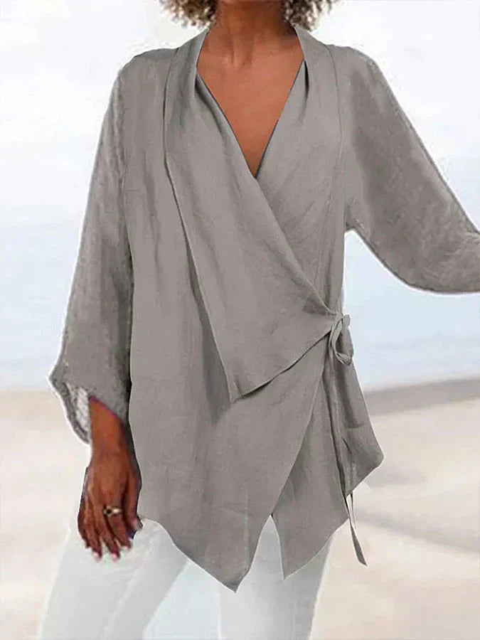 Clara® | Cotton and linen blouse with lace-up collar for women