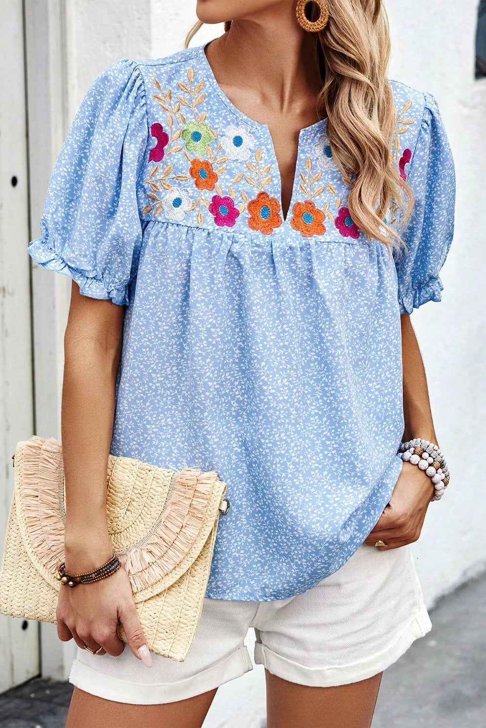 Andrea® | Sky blue floral embroidered notched V-neck blouse with puff sleeves