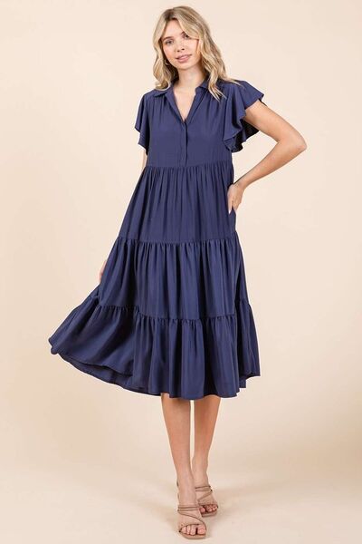 Macarena® | Tiered midi dress with ruffle sleeves, collar and V-neck