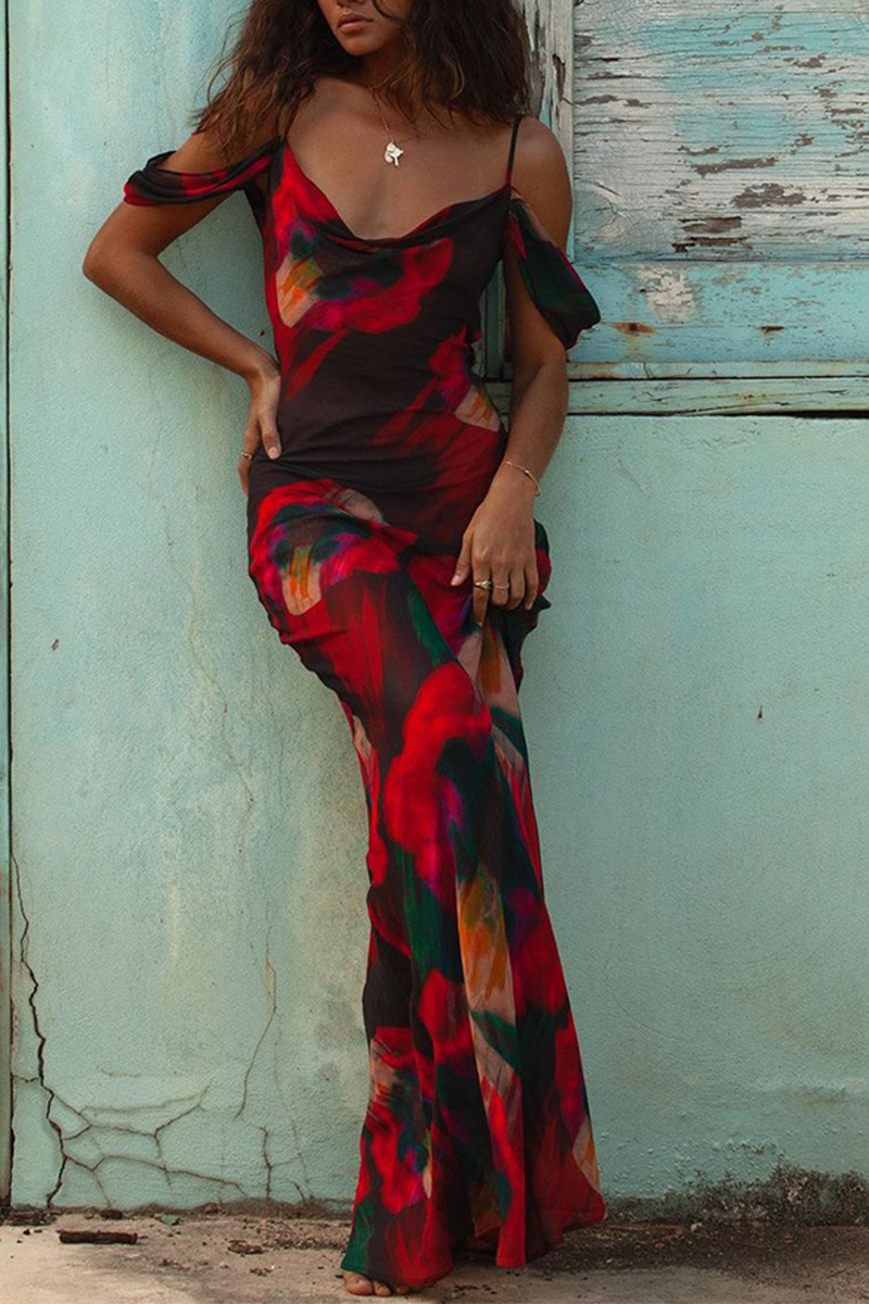 Isabella® | Fashion Print Patchwork Spaghetti Straps Trumpet Mermaid Dresses