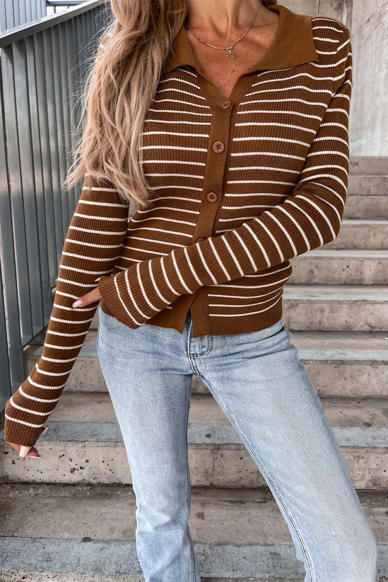 Ambra® | Striped Long Sleeve Polo Neck Button Front Blouse