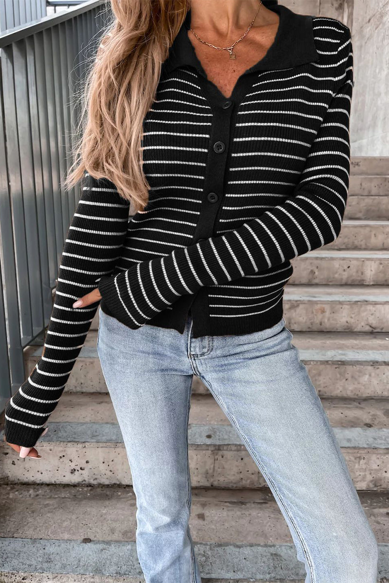 Ambra® | Striped Long Sleeve Polo Neck Button Front Blouse