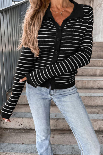 Ambra® | Striped Long Sleeve Polo Neck Button Front Blouse