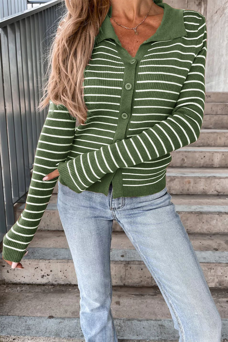 Ambra® | Striped Long Sleeve Polo Neck Button Front Blouse
