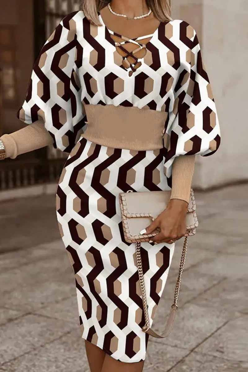 Verónica® | Casual printed patchwork dresses with V-neck and long sleeves