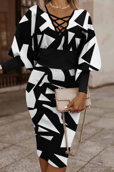 Verónica® | Casual printed patchwork dresses with V-neck and long sleeves