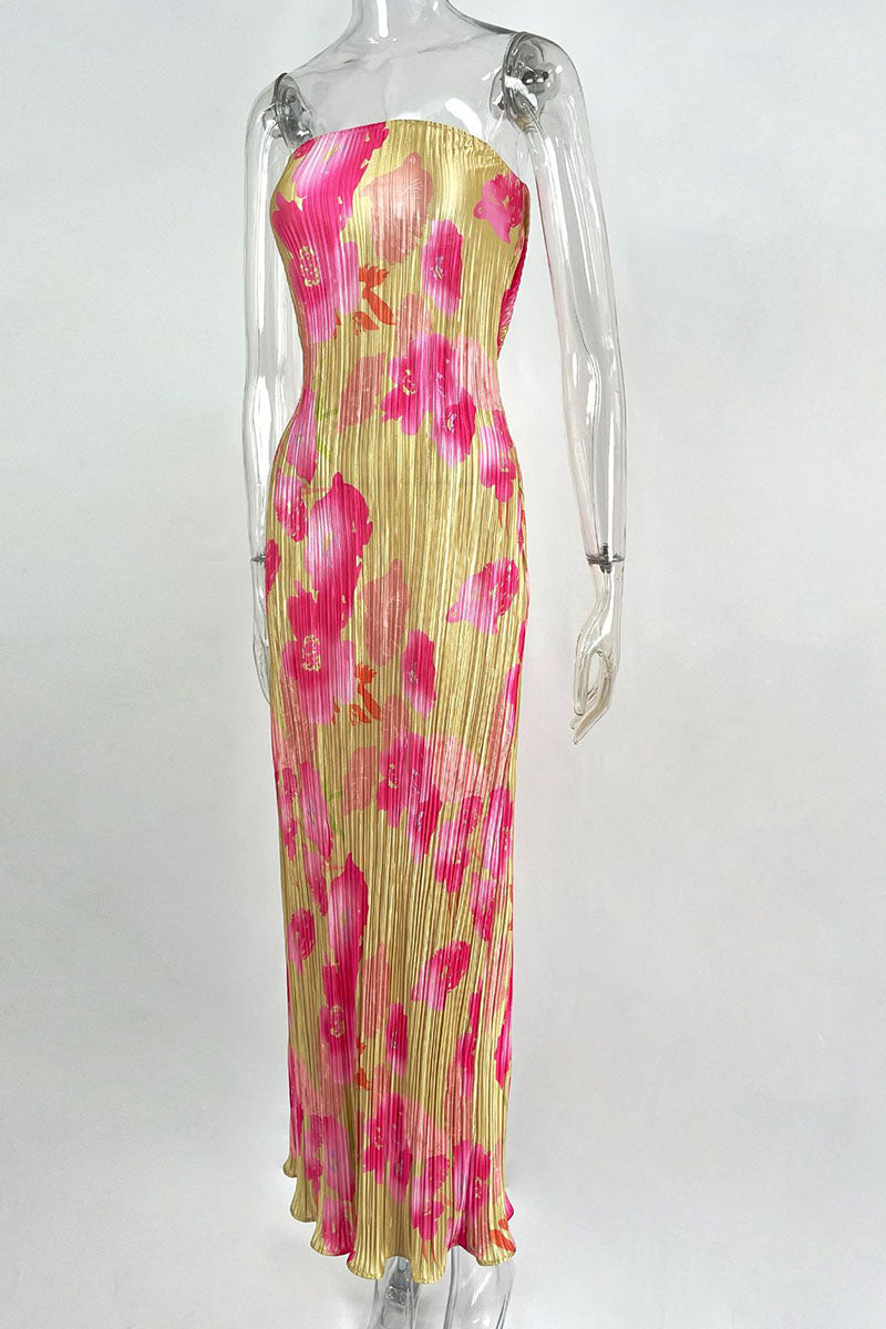 Maricarmen® | Sexy Printed Patchwork Pleated Strapless Pencil Skirt Dresses