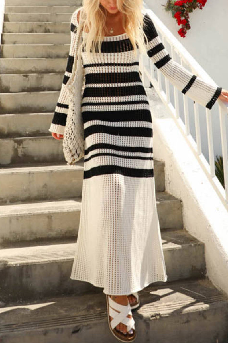 Ludmila® | Casual long sleeve holiday dresses with striped contrast square collar