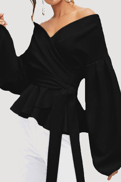 Alda® | Elegant Off-The-Shoulder V-Neck Blouse With Long Sleeves And A Cinched Waist