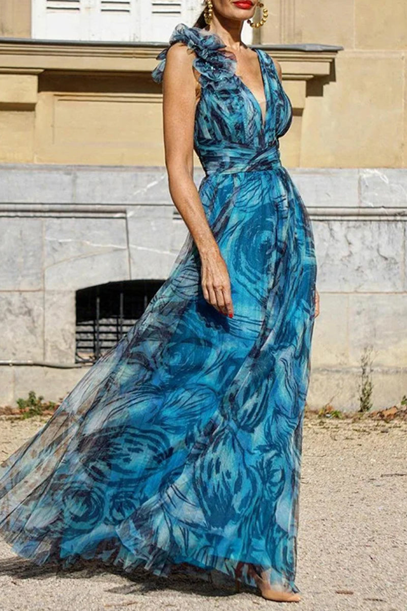 Ema® | Cute elegant geometric printed skirt dresses with V-neck and waist