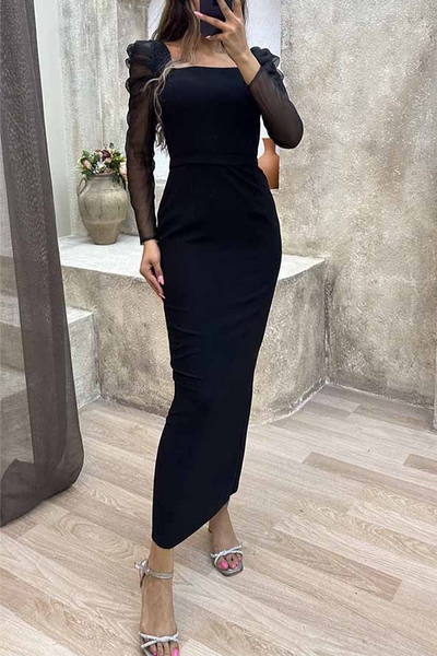 Leila® | Elegant solid patchwork dresses with square collar and single tier skirt worn by celebrities