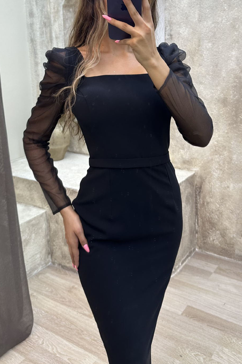 Leila® | Elegant solid patchwork dresses with square collar and single tier skirt worn by celebrities