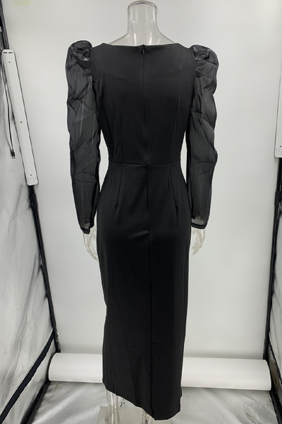 Leila® | Elegant solid patchwork dresses with square collar and single tier skirt worn by celebrities