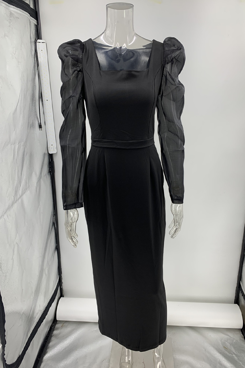 Leila® | Elegant solid patchwork dresses with square collar and single tier skirt worn by celebrities