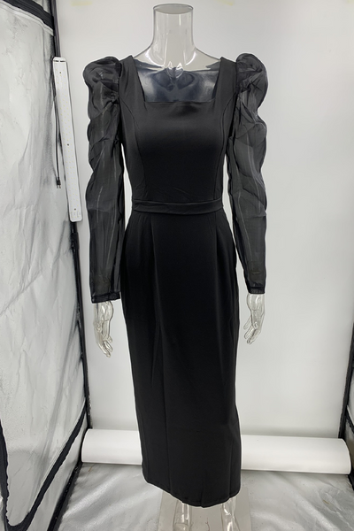 Leila® | Elegant solid patchwork dresses with square collar and single tier skirt worn by celebrities
