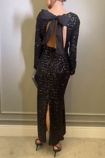 Linda® | Sexy Solid Color Sequin Bow O-Neck Evening Dresses