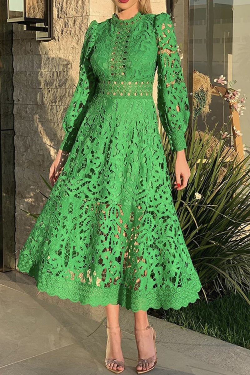 Ariadna® | Casual Solid Embroidered Hollow Out Sheer Long Sleeve Half Turtleneck Dresses