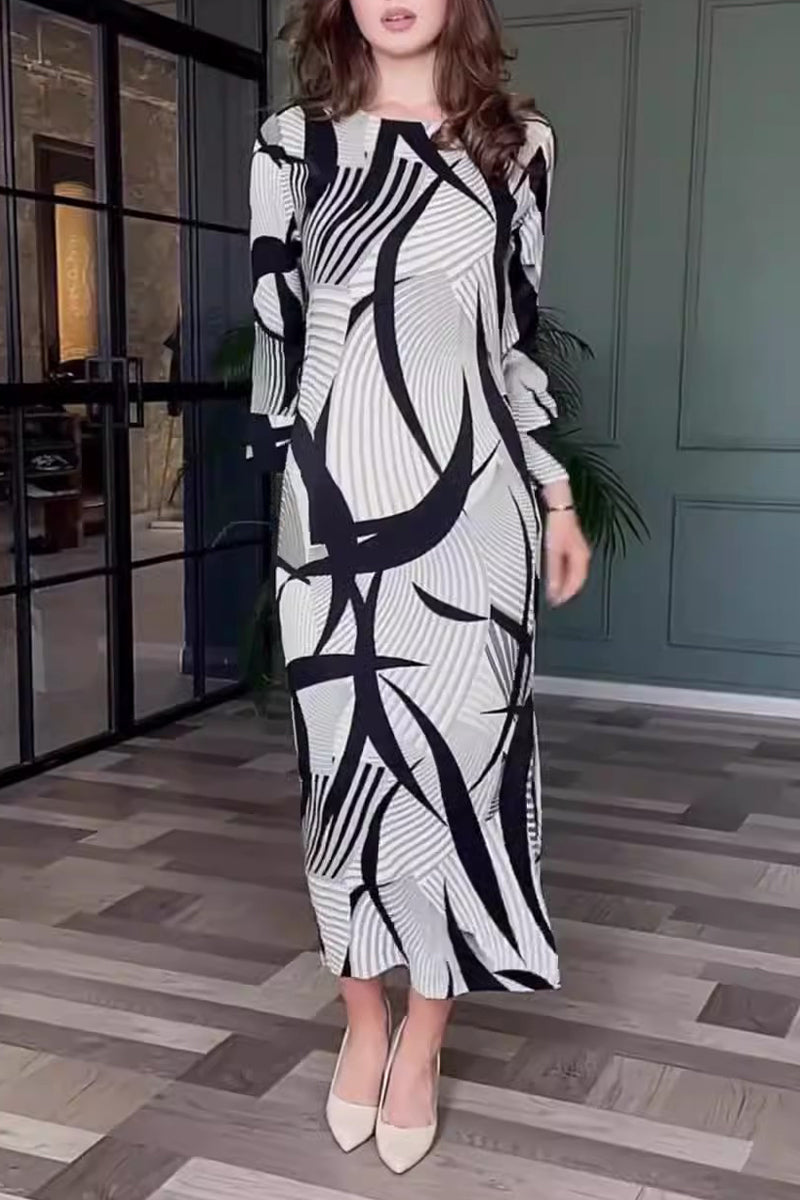Rhiannon® | Elegant stripe print with belt zipper, O-neck, A-line dresses