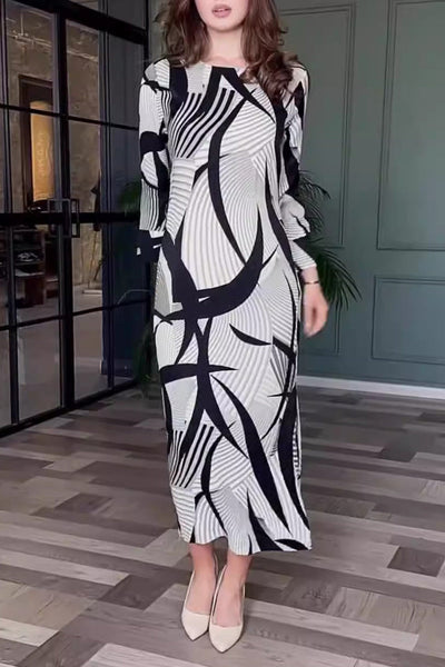 Rhiannon® | Elegant stripe print with belt zipper, O-neck, A-line dresses