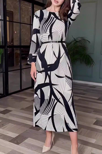 Rhiannon® | Elegant stripe print with belt zipper, O-neck, A-line dresses
