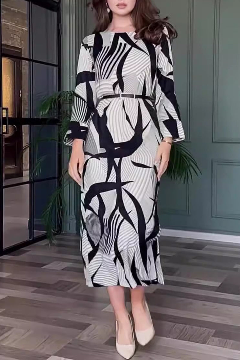 Rhiannon® | Elegant stripe print with belt zipper, O-neck, A-line dresses