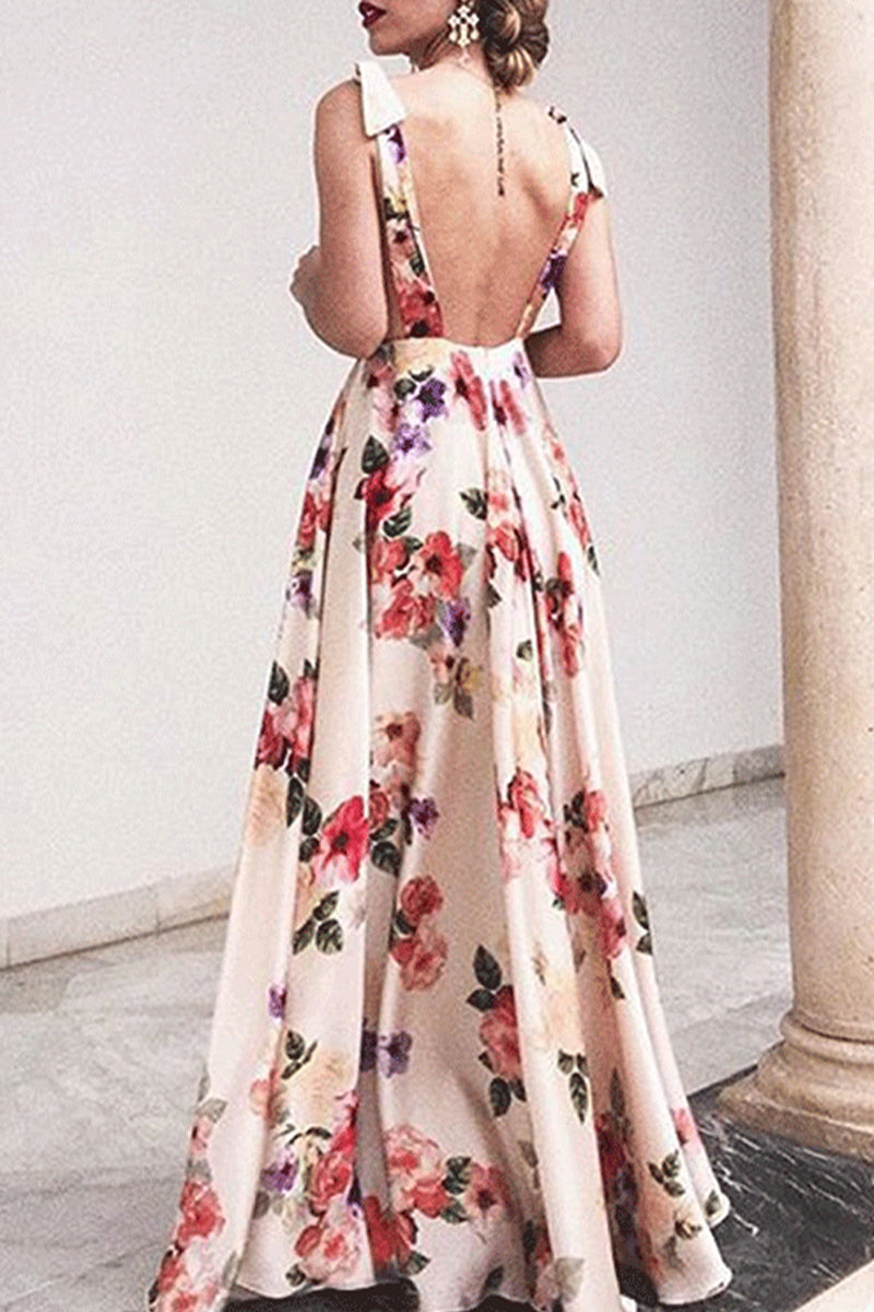 Vespera® | Elegant Floral Backless Printed V Neck Dresses (3 Colors)