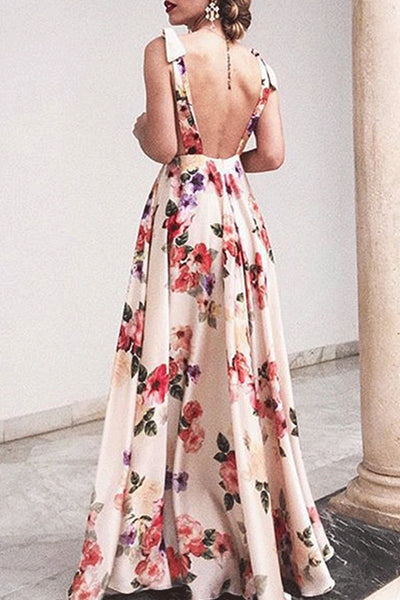 Vespera® | Elegant Floral Backless Printed V Neck Dresses (3 Colors)
