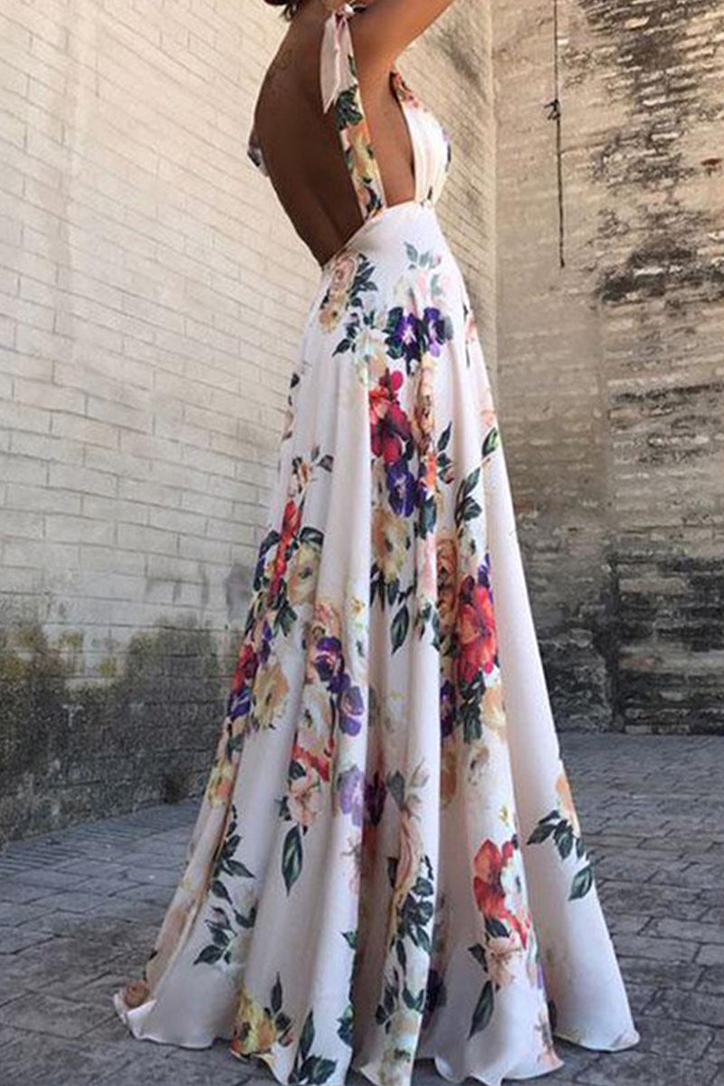 Vespera® | Elegant Floral Backless Printed V Neck Dresses (3 Colors)