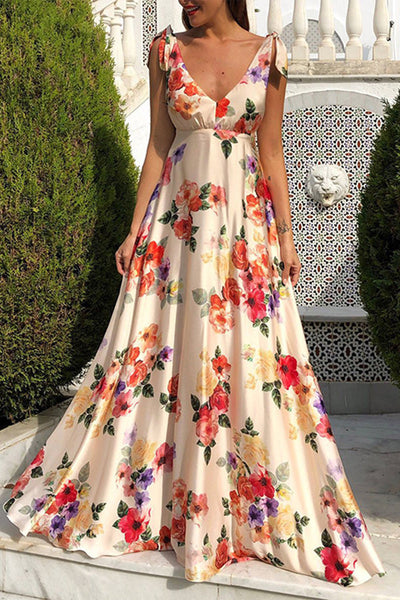 Vespera® | Elegant Floral Backless Printed V Neck Dresses (3 Colors)