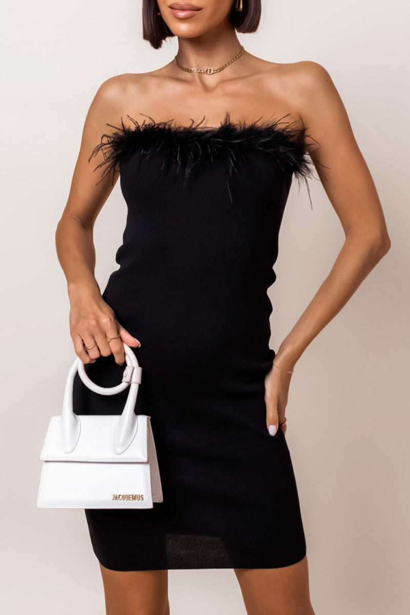 Ursula® | Sexy solid color strapless one tier skirt dresses with feathers