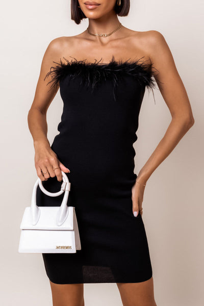 Ursula® | Sexy solid color strapless one tier skirt dresses with feathers