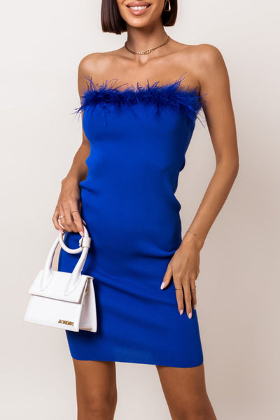 Ursula® | Sexy solid color strapless one tier skirt dresses with feathers