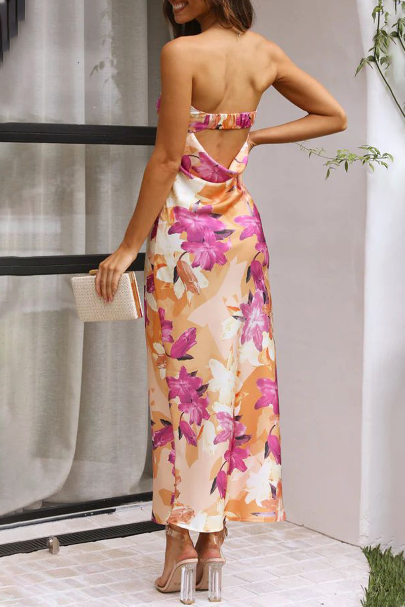 Nerina® | Elegant floral backless strapless printed celebrity dresses