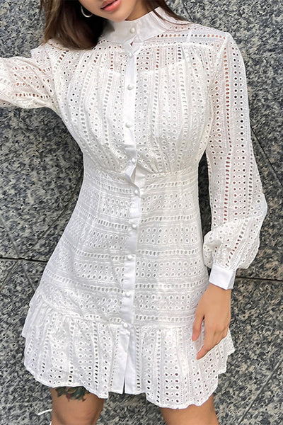 Cassandra® | Elegant Solid Embroidered Hollow Out Turtleneck Long Sleeve Two Piece Suit (Dresses with Suspenders)