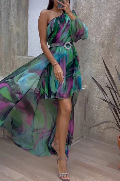 Guadalupe® | Sexy evening dresses with gradual alternating print and slanted collar