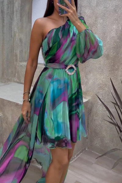 Guadalupe® | Sexy evening dresses with gradual alternating print and slanted collar