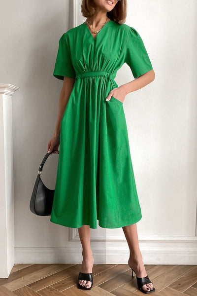 Florencia® | Casual Solid Color A-Line Drawstring Pocket V-Neck Dresses