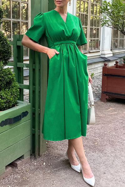 Florencia® | Casual Solid Color A-Line Drawstring Pocket V-Neck Dresses