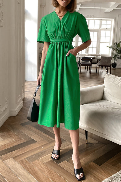 Florencia® | Casual Solid Color A-Line Drawstring Pocket V-Neck Dresses