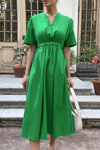Florencia® | Casual Solid Color A-Line Drawstring Pocket V-Neck Dresses