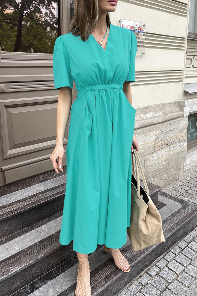 Florencia® | Casual Solid Color A-Line Drawstring Pocket V-Neck Dresses