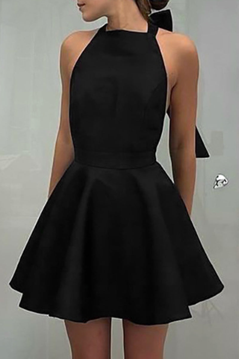Fabiola® | Elegant, plain, backless evening dresses with bow and halterneck