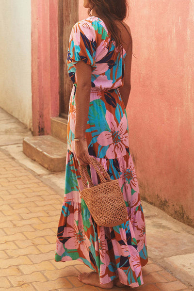 Dolores® | Casual holiday dresses with floral frenulum, backless, A-line dress with slanted collar