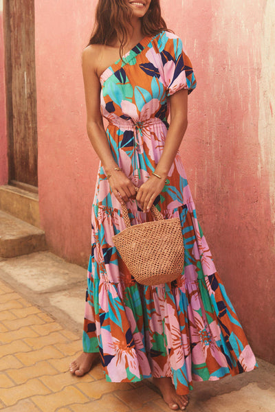Dolores® | Casual holiday dresses with floral frenulum, backless, A-line dress with slanted collar