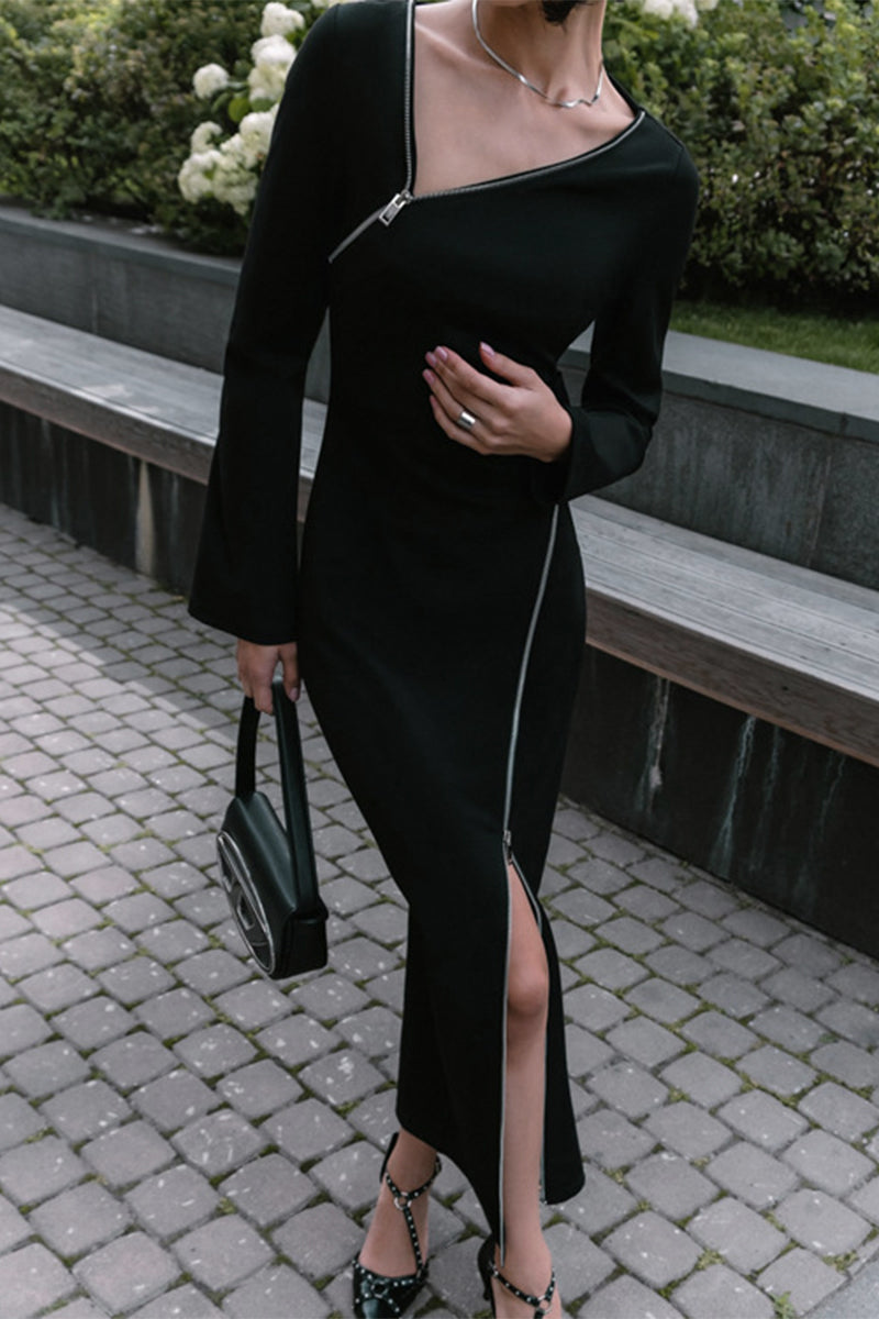 Cecilia® | Casual celebrity dresses with fixed zipper, slanted collar and wrap skirt