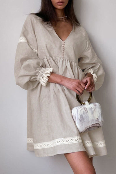 Mireya® | Casual solid patchwork dresses with V-neck and long sleeves
