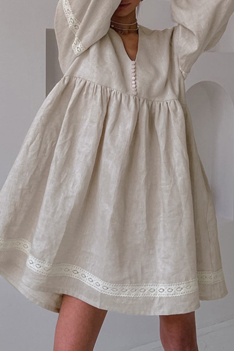 Mireya® | Casual solid patchwork dresses with V-neck and long sleeves
