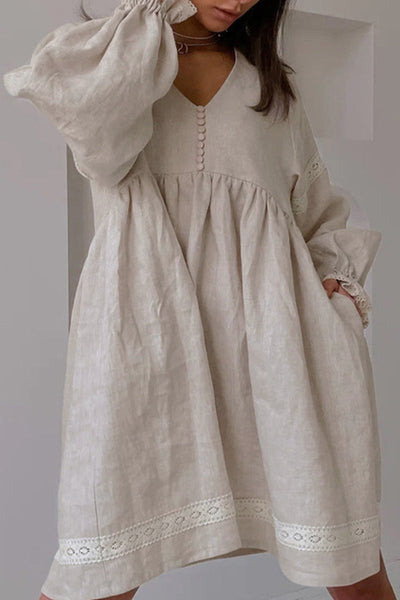 Mireya® | Casual solid patchwork dresses with V-neck and long sleeves