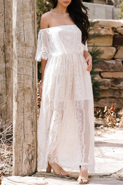 Samantha® | Elegant sheer solid lace off-the-shoulder A-line dresses