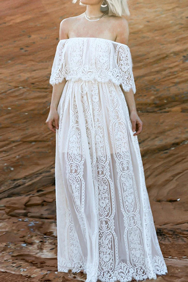 Samantha® | Elegant sheer solid lace off-the-shoulder A-line dresses
